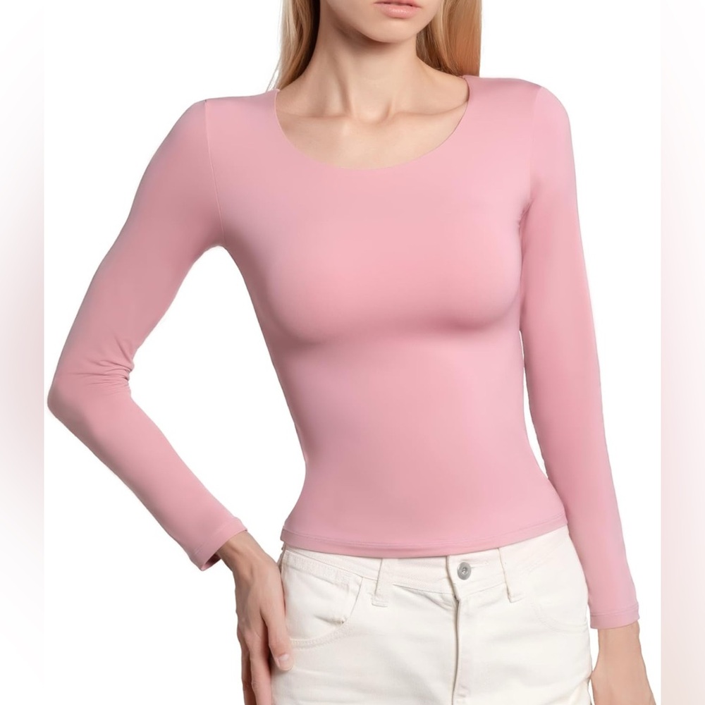 BRISIRA Women's Scoop Neck Double Lined Layering Long Sleeve Shirts Slim Fit